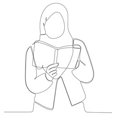continuously drawn a line of Muslim girls reading a hand drawn book silhouette. line art