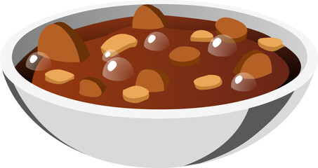 Illustration of a bowl of chocolate pudding with chocolate chips on a white background