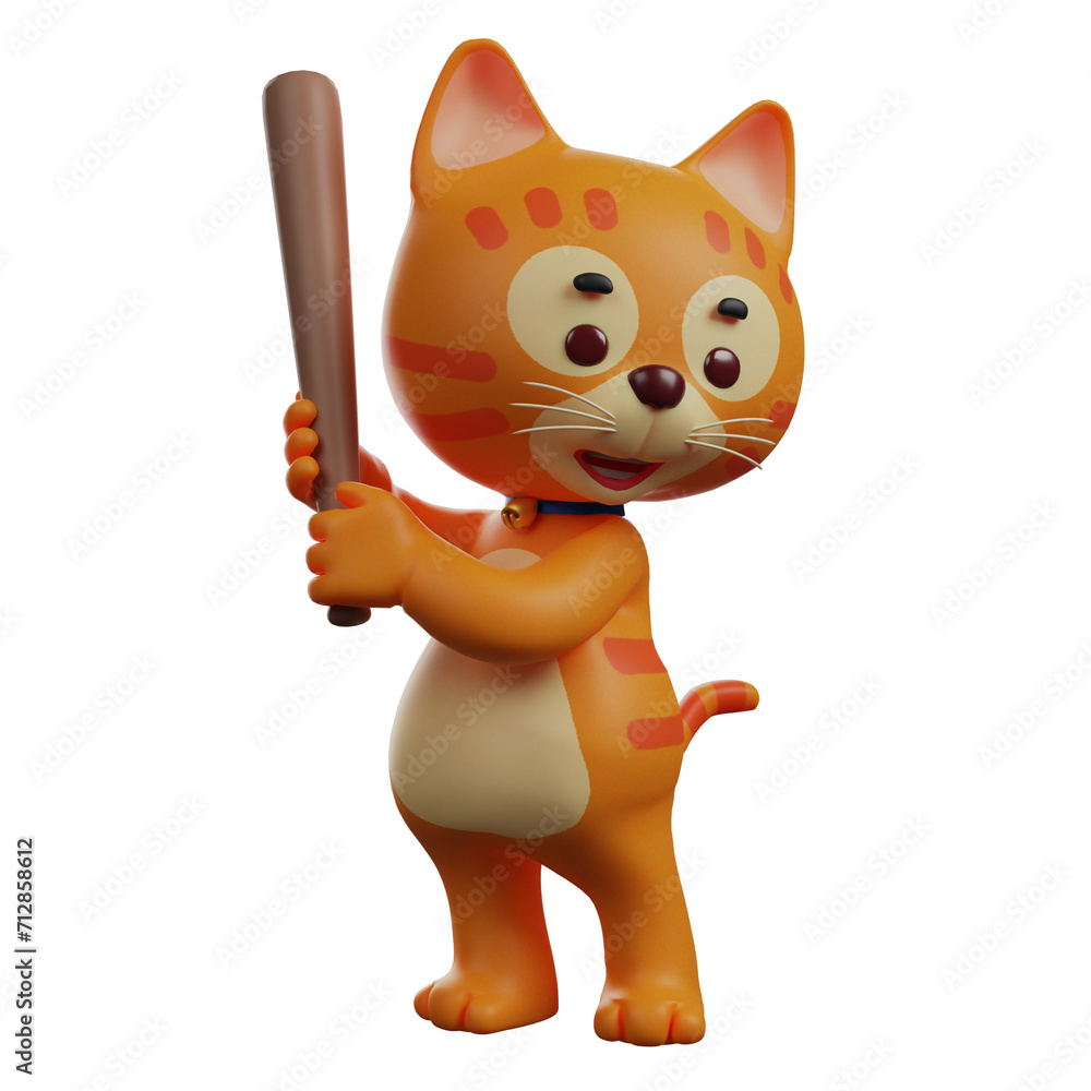 Fototapete 3d illustration. 3d cartoon image of 3d cat character playing softball. with an adorable expression.