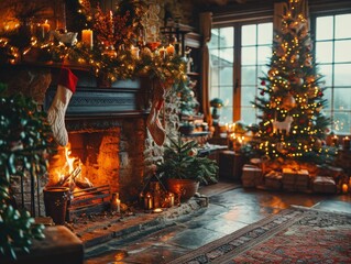Christmas Fireplace Hearth Fire Tree Lights Wood Cozy Scene Background Wallpaper Image