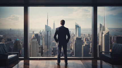 Businessman standing in front of big window - obrazy, fototapety, plakaty