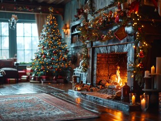 Fototapeta na wymiar Christmas Fireplace Hearth Fire Tree Lights Wood Cozy Scene Background Wallpaper Image