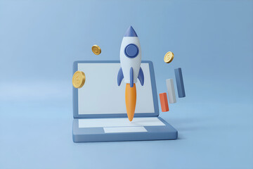 3D rendered illustration of success concept in business and finance with goals with laptop and soaring rocket with silver coins.
