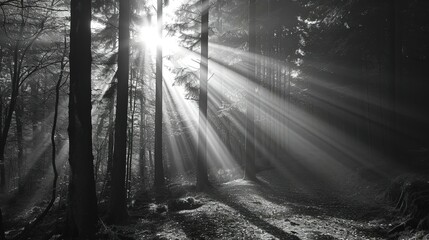 fog and sun ray in the forest, black and white style