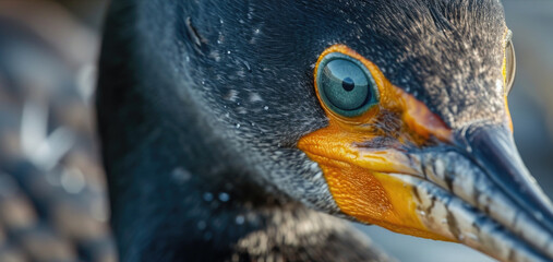 Closeup of the cormorants intense gaze its piercing eyes scanning the horizon always alert and ready for its next catch - obrazy, fototapety, plakaty