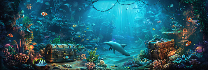 Whimsical Underwater Scenes with Playful Marine Life and Sunken Treasures for Aquatic Themed Design...