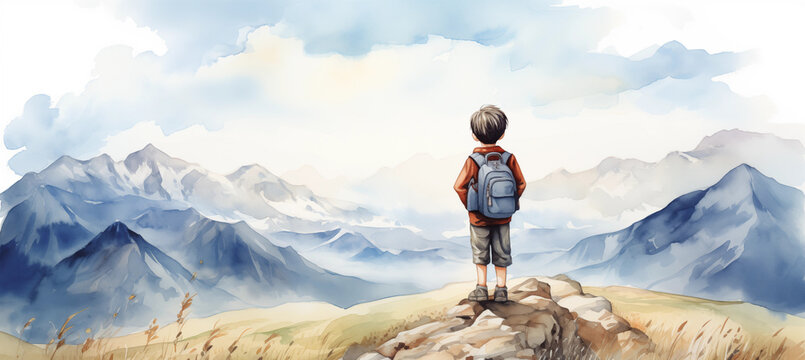 Watercolor style kids looking at mountains with backpack