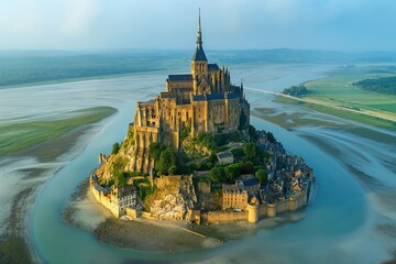 Mont Saint-Michel. Scenic aerial view at sunset, Normandy, France - obrazy, fototapety, plakaty