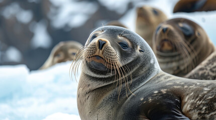 Closeup of a group of velvetlike fur seals basking in the sun their whiskers twitching as they lazily watch the surrounding icy landscape
