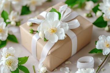 Painted with flowers spring gift box in green and white colors