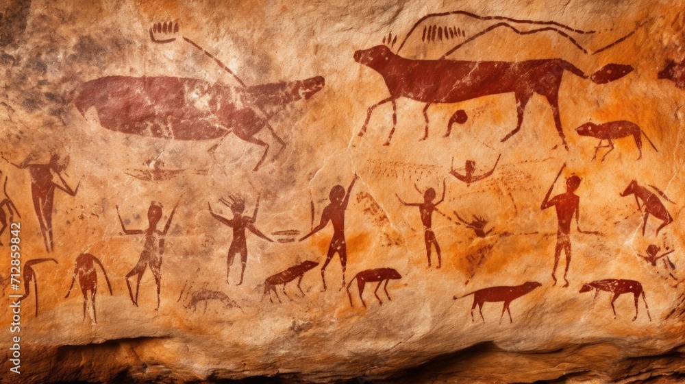 Poster zoomedin image of ancient cave paintings depicting early forms of symbolic communication, illustrati