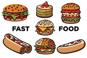 Fast food icons set. Vector illustration of hamburger, hot dog, sandwich cartoon