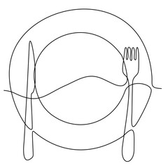 Continuous line drawing. Close-ups. Clean plates, forks and spoons. Drawing by hand on a sign or business card in a cafe. Black outline on a white background.