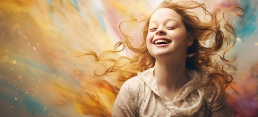 Joyful woman with Down syndrome with flowing hair enjoying freedom. Expressing positivity and freedom.