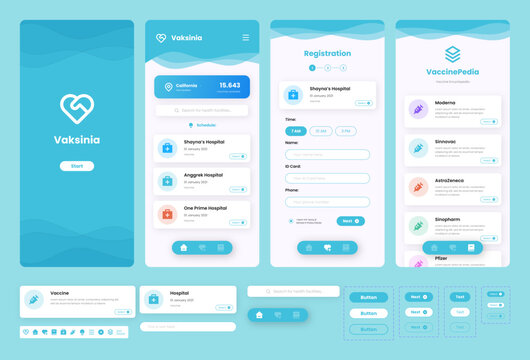 Vaccination User Interface (UI) design kit. Light mode. Mobile application design interface.