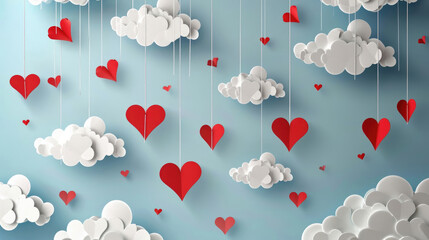 Valentine's day background with hearts and clouds. 3D rendering