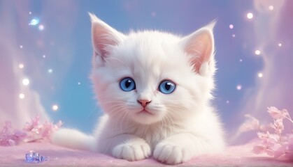 adorable inspired white kitten dreamy vibrant palette pinks, blues anpurples, dreamy wonderous fantasy