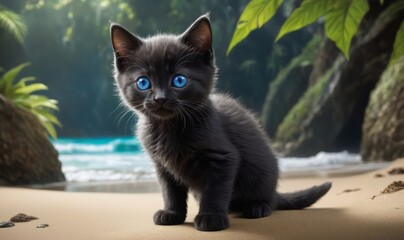 black kitten big cute blue eyes, wonders of the beach