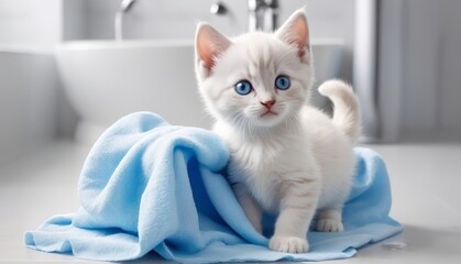 kitten big cute blue eyes after washing - obrazy, fototapety, plakaty