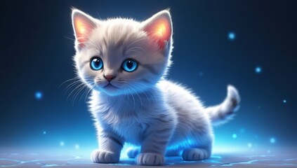 kitten big cute blue eyes illustration of the silhouette of kitten phantasmagorical figure translucent neon lights light particles colorful