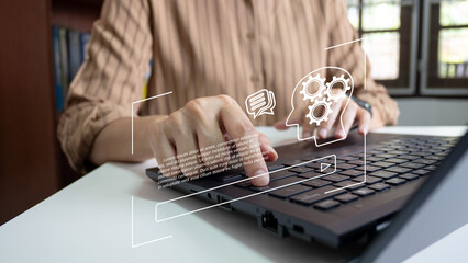 AI technology, Artificial Intelligence, Chat and talk with AI, Using laptop for search and find data by command prompt, robot learning machine create or generate picture or article auto