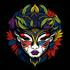 colorful tribal art and folklore illustration on dark backround
