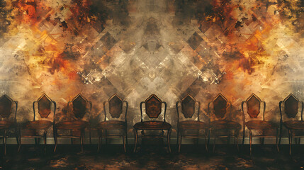 The chairs sit empty, their wooden frames untouched by the fire and smoke that fill the polluted room after an explosion, the heat and chaos of the outdoors now a distant memory - obrazy, fototapety, plakaty