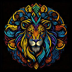 colorful tribal art and folklore illustration on dark backround
