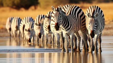 Fototapeta na wymiar A herd of zebras congregating near a watering hole, their reflections shimmering in the clear