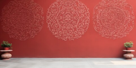 Oriental Chinese design on red concrete wall for inside and outside spaces.