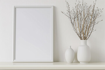 Fresh minimalist illustration, white background with green plants and blank photo frame design template