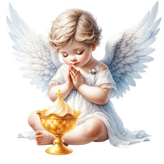 Angel, A watercolor painting of a cupid with wings, dressed in white and posed with hands put together in a praying pose, baptism, PNG Clipart Transparent Background