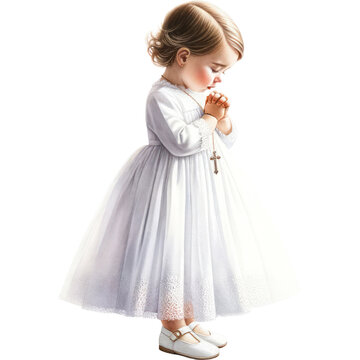 Baptism, A full-body watercolor painting of a toddler girl in a white christening dress, praying, with a cross necklace, baptism, PNG Clipart Transparent Background