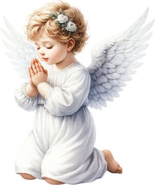 Angel, A watercolor painting of a cupid with wings, dressed in white, in a praying pose with hands put together, baptism, PNG Clipart, High Quality Transparent Backgrounds