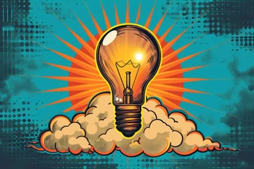 Fotobehang Bulb with clouds pop art retro. Comic book style, background, Illustration © IMAGE