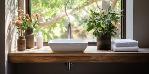Wooden table in front of bathroom sink near window is the focal point.