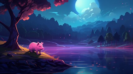 Pig Neon light animal sitting river bank AI Generated pictures