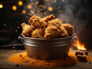 Fried chicken nuggets in a metal bucket on a wooden background