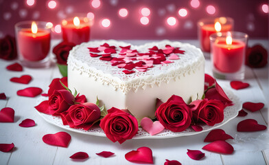 Heart-shaped Valentine's Day cake displayed on a white lace tablecloth, adorned with delicate pink frosting, surrounded by a scattering of red rose petals, romantic mood. Generative AI