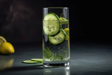 Cold cucumber lemonade on table on dark background. Horizontal banner. Long glass goblet with drink. Copyspace for text. Healthy food concept. Antioxidant beverage. Cafe, restaurant. Freshness drink