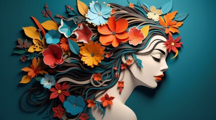 Fototapeta na wymiar Women's Day hand crafted paper cutout art background, flowers in the shape of a woman's head, in the style of soft gradients