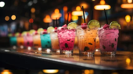 Foto op Plexiglas Bar counter in summer beach cafe. Row of glass faceted glasses with multicolored cold alcoholic drinks with ice, berries, fruits. Yellow lemonade with straw. Blue cocktail. Bokeh light. Holiday, party © brajianni