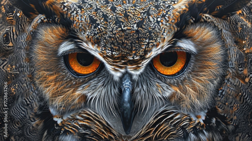 Poster closeup of the wise owls expression adorned with intricate patterns and markings as it observes the 
