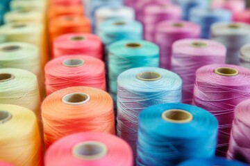 Collection of colorful spools of thread. Close-up