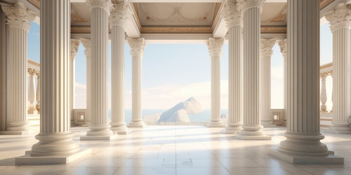 ancient Greek architecture with pillars and a classical marble interior for showcasing a product. © Sona