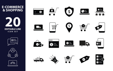 Streamlined e-commerce experience a distinctive set of minimal  black fill web icons for online shopping and efficient delivery comprehensive fill icons collection in simple vector