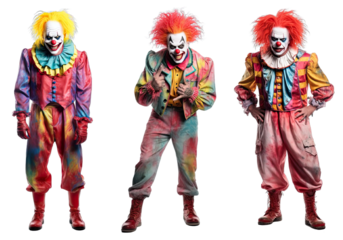 Collection of PNG. Maniac killer clown with colorful hair and joker outfit isolated on transparent background.