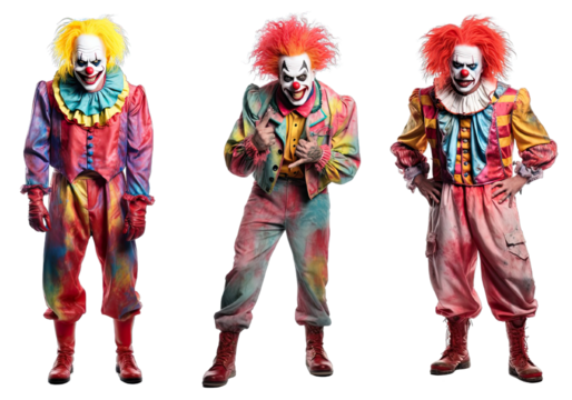 Collection of PNG. Maniac killer clown with colorful hair and joker outfit isolated on transparent background.