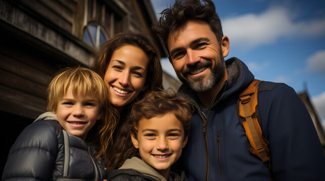 Farm Family Posing In Front Of A Barn - All-American Family - Winter - Cold Weather - Low Angle Shot - Wholesome - Happy 