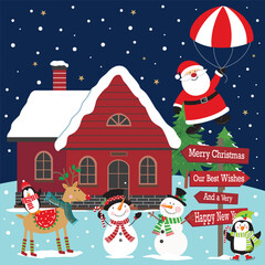 Fototapeta na wymiar christmas card with santa claus, snoeman, reindeer, penguin and the house